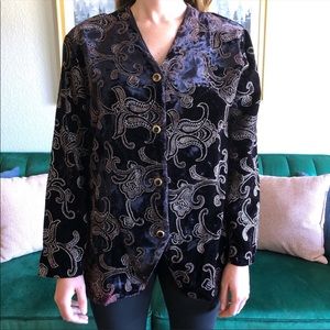 Vintage Jeri Marque Black Velvet Brocade Button Down Shirt